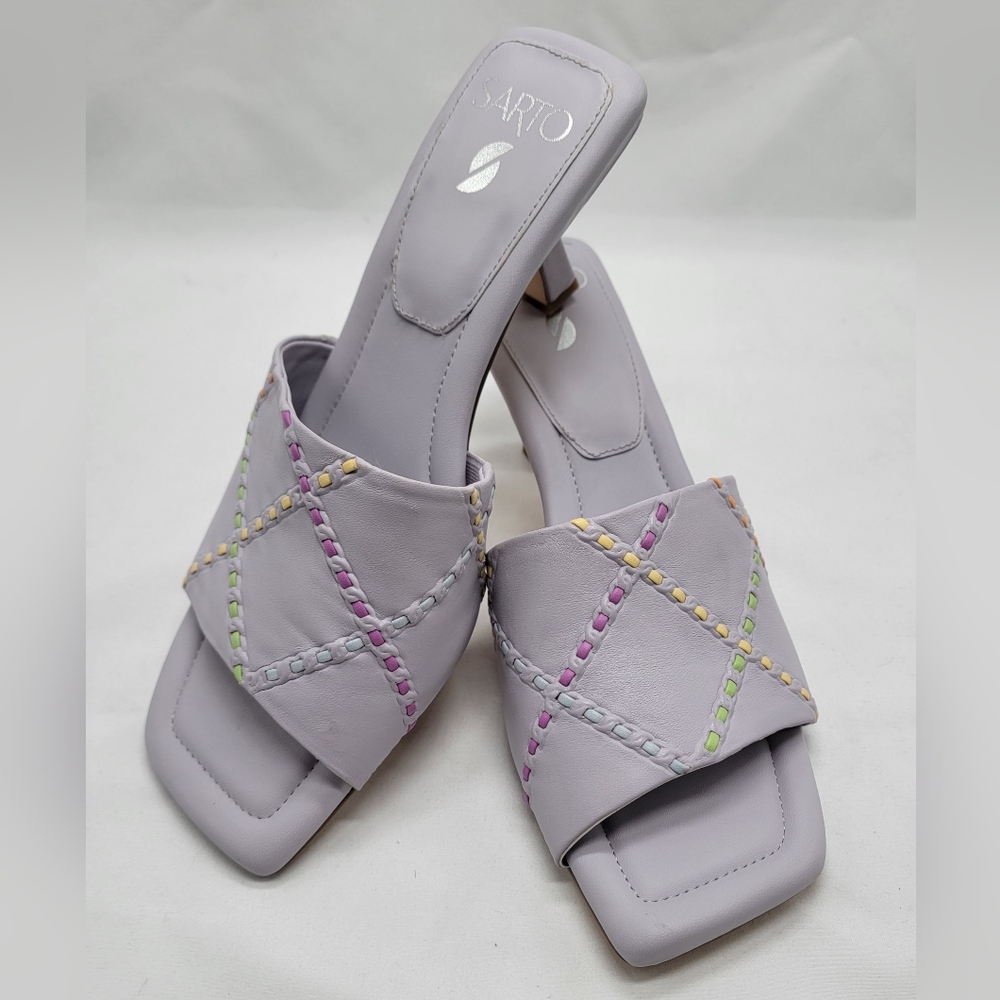 Franco Sarto Square Toe Kitten Heel Sandals Cross Stitch Pastel Purple 9.5